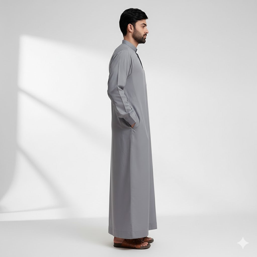 Traditional Dishdasha – Mens Saudi Style Thobe Classic - Full Length Long Sleeve Islamic Thobe - Silver