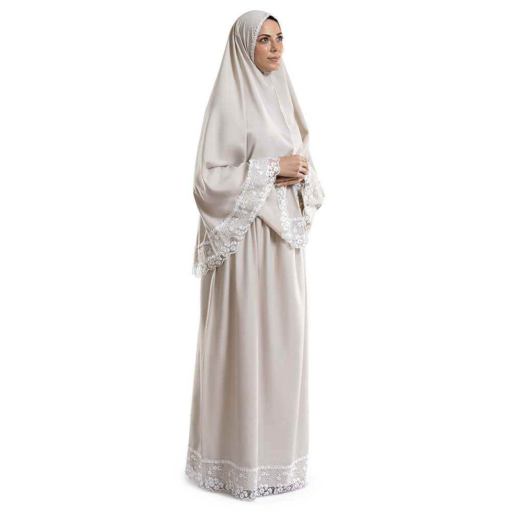 Ivory Islamic prayer wear with lace trim – 2-piece set