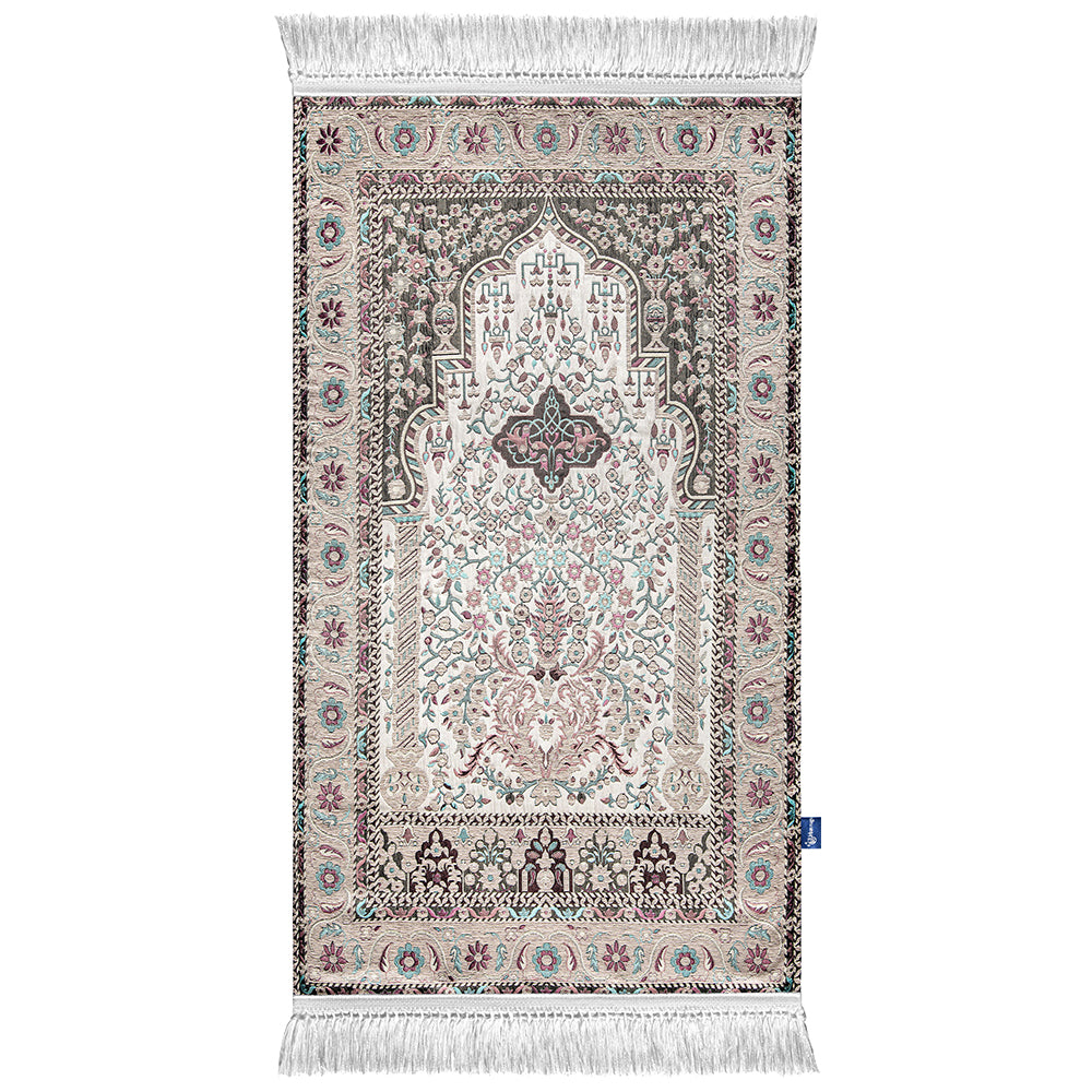 Pastel Mihrab Naseej prayer mat with woven Islamic patterns