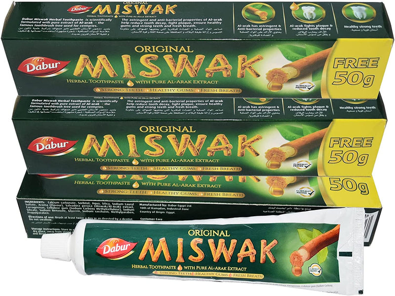 (Pack of 3) Dabur Miswak Sewak Meswak Siwak Natural Herbal Halal Islamic Toothpaste (Net Weight: 120g + 50g Free)
