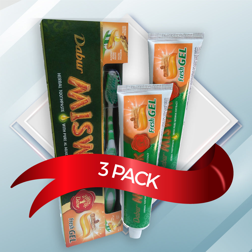 Pack of 3 Dabur Miswak Herbal Toothpaste with Pure Arak Extract fre