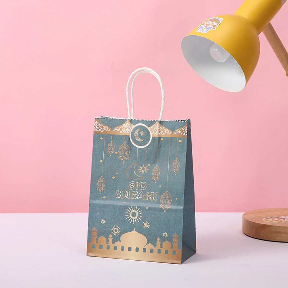 Eid Mubarak Kraft Paper Bag - Teal & Gold Hanging Lanterns Mosque