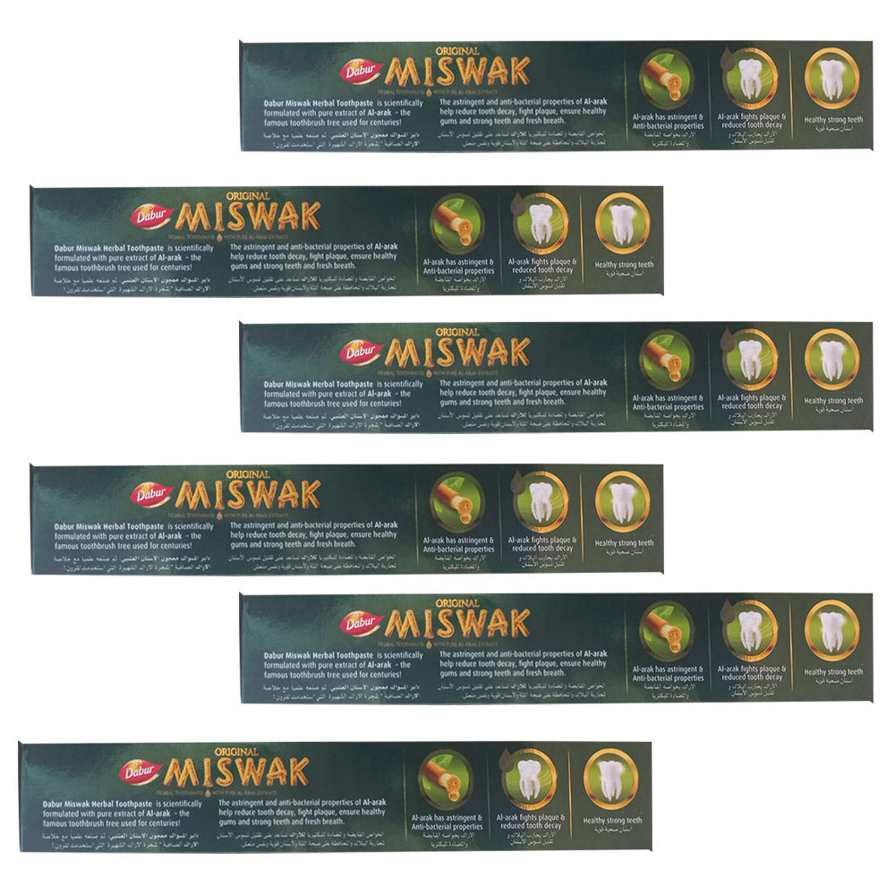 (Pack of 6) Dabur Miswak Sewak Meswak Siwak Natural Herbal Halal Islamic Toothpaste (Net Weight: 120g + 50g Free)
