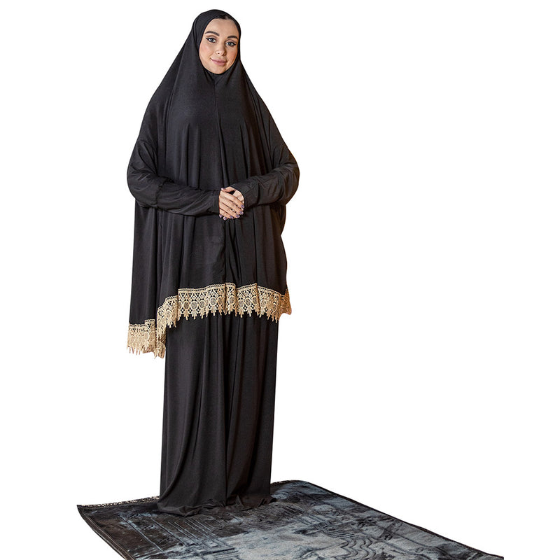 Women's Prayer Dress 2 Pieces Lycra Solid Color Plus Long Sleeve | One-Size | Hijab Abaya Suit