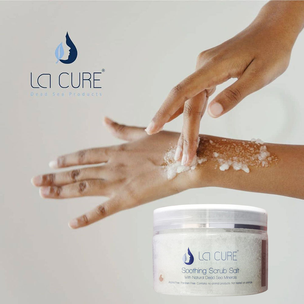 La Cure Dead Sea Soothing Scrub Salts Lavender Essential Oil , Natural Cream Exfoliant, Stretch Mark & Wrinkle Reducer , Body Scrub for Women & Men,(0.88 lb)