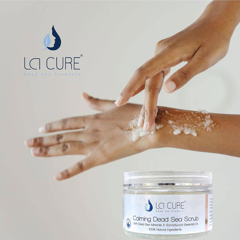 La Cure Dead Sea Calming Scrub Salts with Sandalwood Essential Oil, Natural Cream Exfoliant, Stretch Mark & Wrinkle Reducer , Body Scrub for Women & Men (0.88 lb)