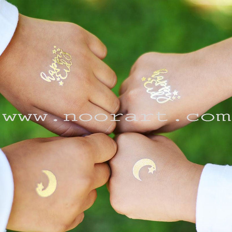 Gold Flash Tattoos ("Happy Eid", Crescent & Star, and "I'm fasting")