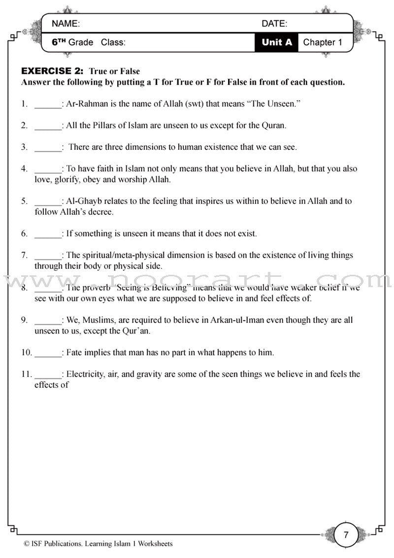 Learning Islam Worksheets: Level 1 (6th Grade)