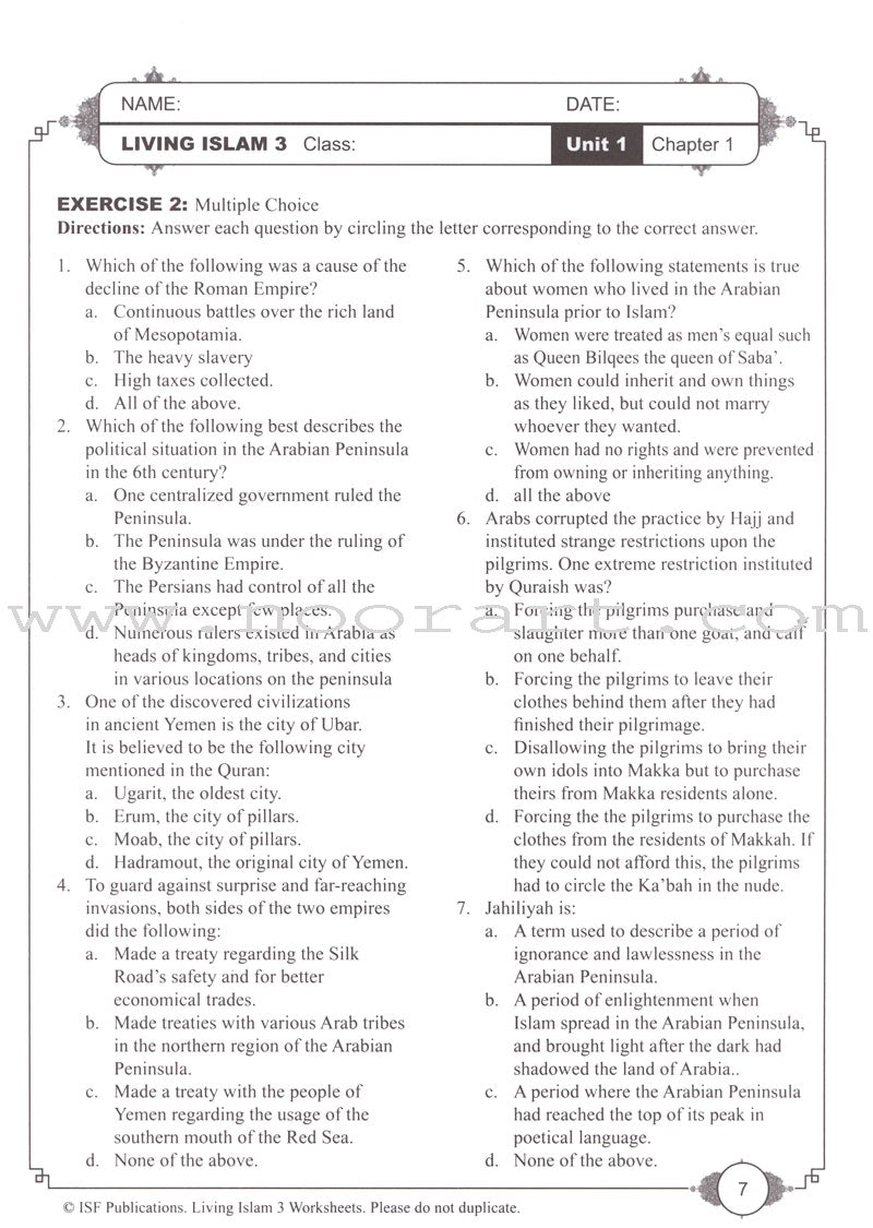 Living Islam Worksheets - Prophet of Mercy, Part 3 (10th Grade)