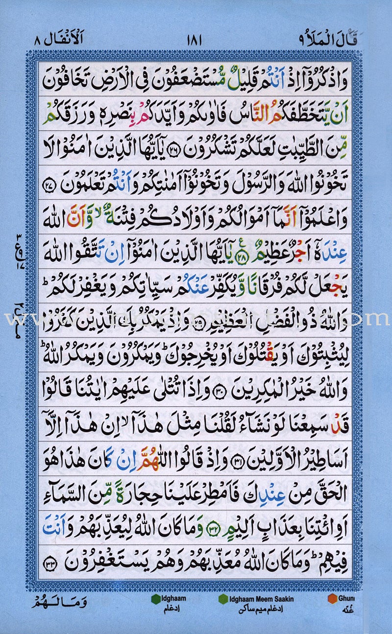 Holy Qur'an with Color Coded Tajweed Rules (Hafzi, Medium Size,15 Lines)