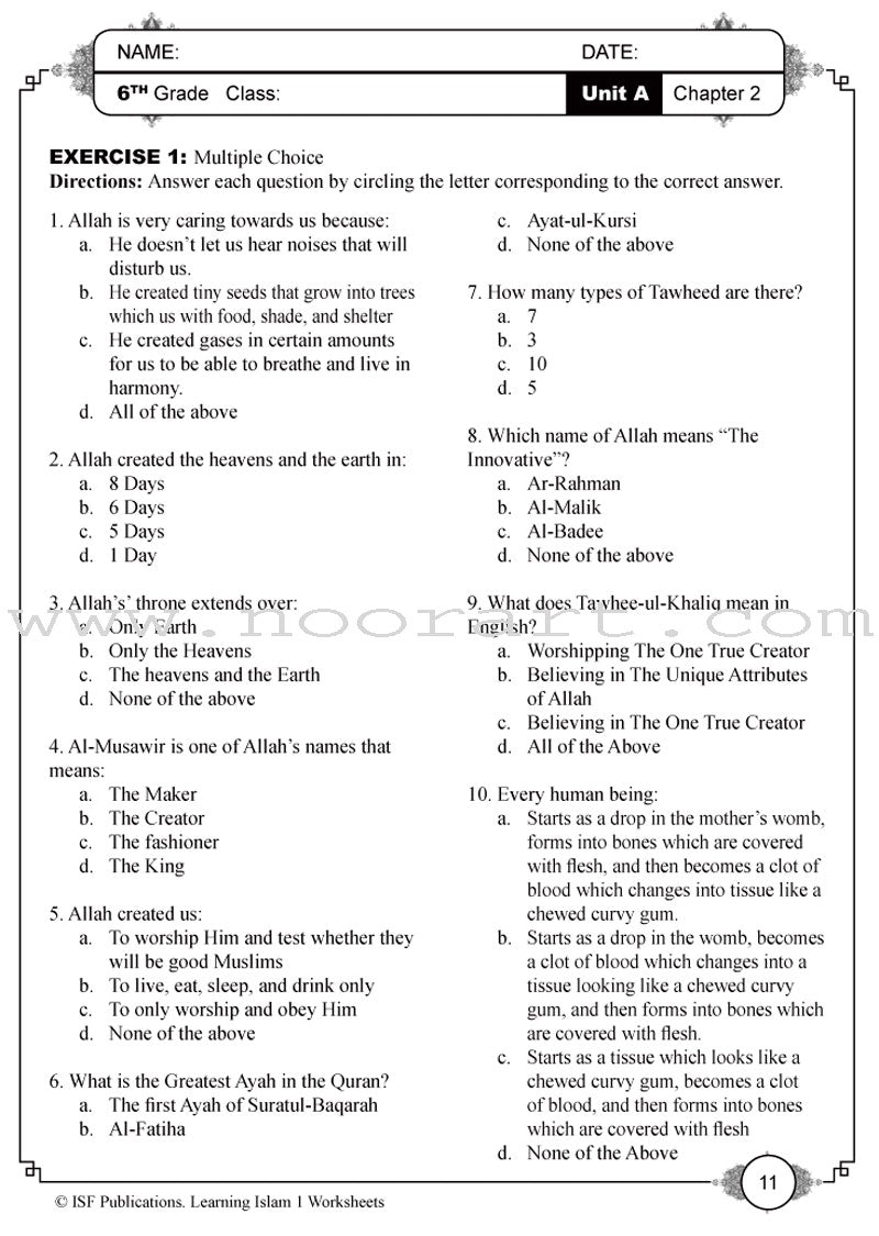 Learning Islam Worksheets: Level 1 (6th Grade)