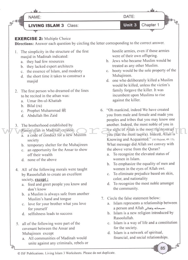 Living Islam Worksheets - Prophet of Mercy, Part 3 (10th Grade)
