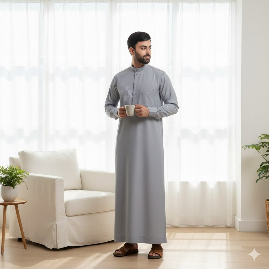 Traditional Dishdasha – Mens Saudi Style Thobe Classic - Full Length Long Sleeve Islamic Thobe - Silver