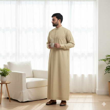 Traditional Dishdasha – Mens Saudi Style Thobe Classic - Full Length Long Sleeve Islamic Thobe - Beige