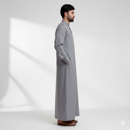 Traditional Dishdasha – Mens Saudi Style Thobe Classic - Full Length Long Sleeve Islamic Thobe - Silver