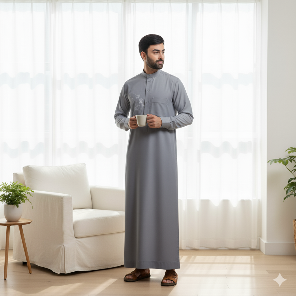 Traditional Dishdasha – Mens Saudi Style Thobe Classic - Full Length Long Sleeve Islamic Thobe - Gray