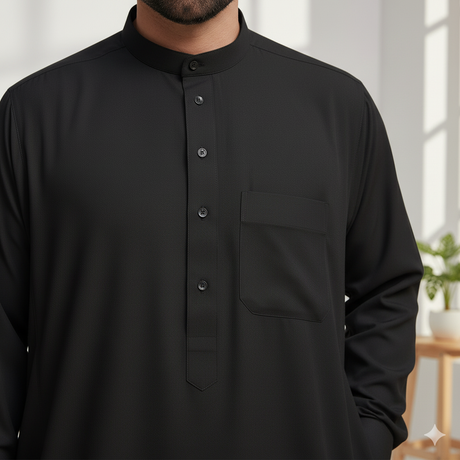 Traditional Dishdasha – Mens Saudi Style Thobe Classic - Full Length Long Sleeve Islamic Thobe - Black
