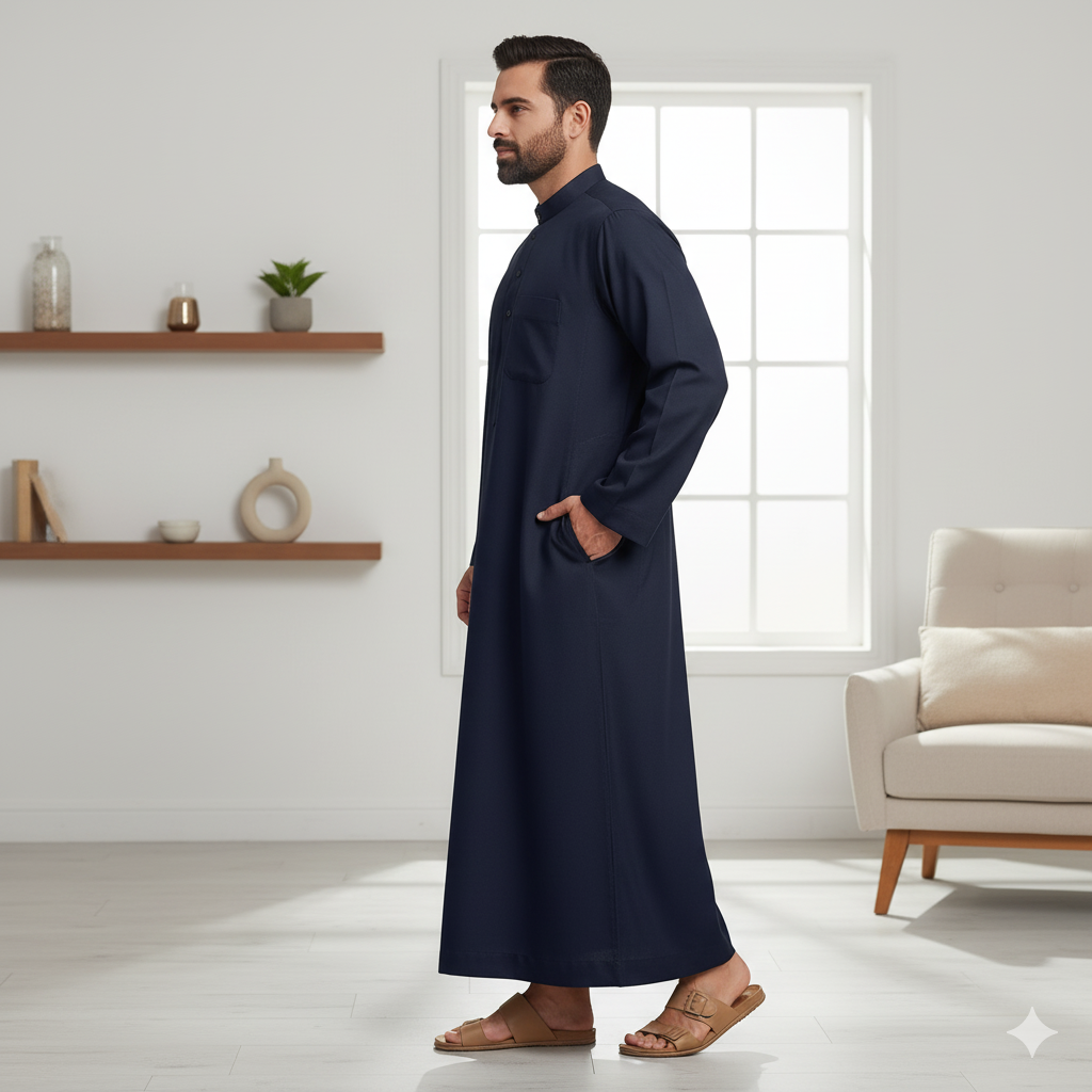 Traditional Dishdasha – Mens Saudi Style Thobe Classic - Full Length Long Sleeve Islamic Thobe - Navy