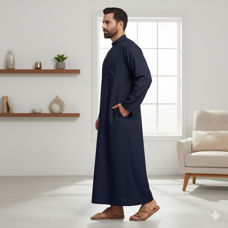 Traditional Dishdasha – Mens Saudi Style Thobe Classic - Full Length Long Sleeve Islamic Thobe - Navy