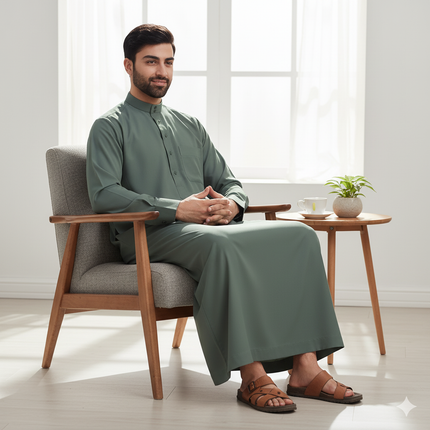 Traditional Dishdasha – Mens Saudi Style Thobe Classic - Full Length Long Sleeve Islamic Thobe - Green