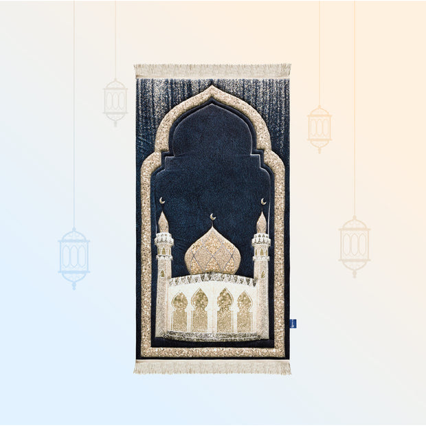 Navy blue prayer rug with ornate gold mosque motif and archway framing, set against a pastel gradient with lantern illustrations.