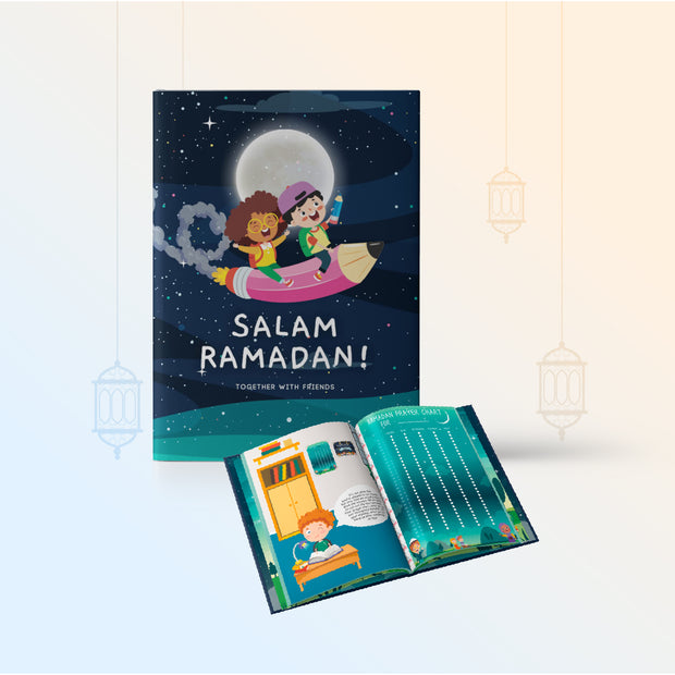 Illustrated children’s book titled 'Salam Ramadan!' depicting kids riding a crescent-shaped rocket under a full moon with a tracker page.
