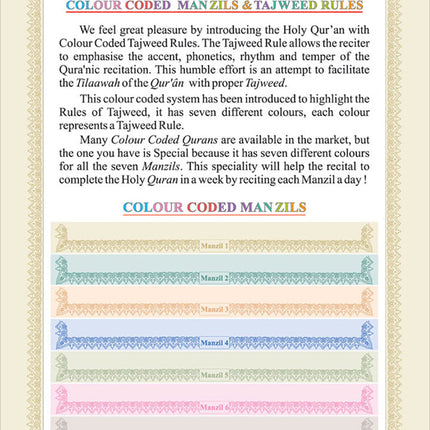 Holy Quran MEDIUM | Colour Coded Quran with Tajweed Rules and Manzils – (13 Lines per page)