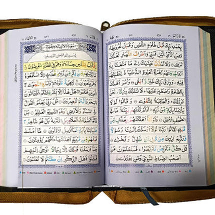Holy Quran Color Coded Ref. 23 Tajweed Rules and Manzils – Golden Zipper Purse – MEDIUM (13 Lines per page)