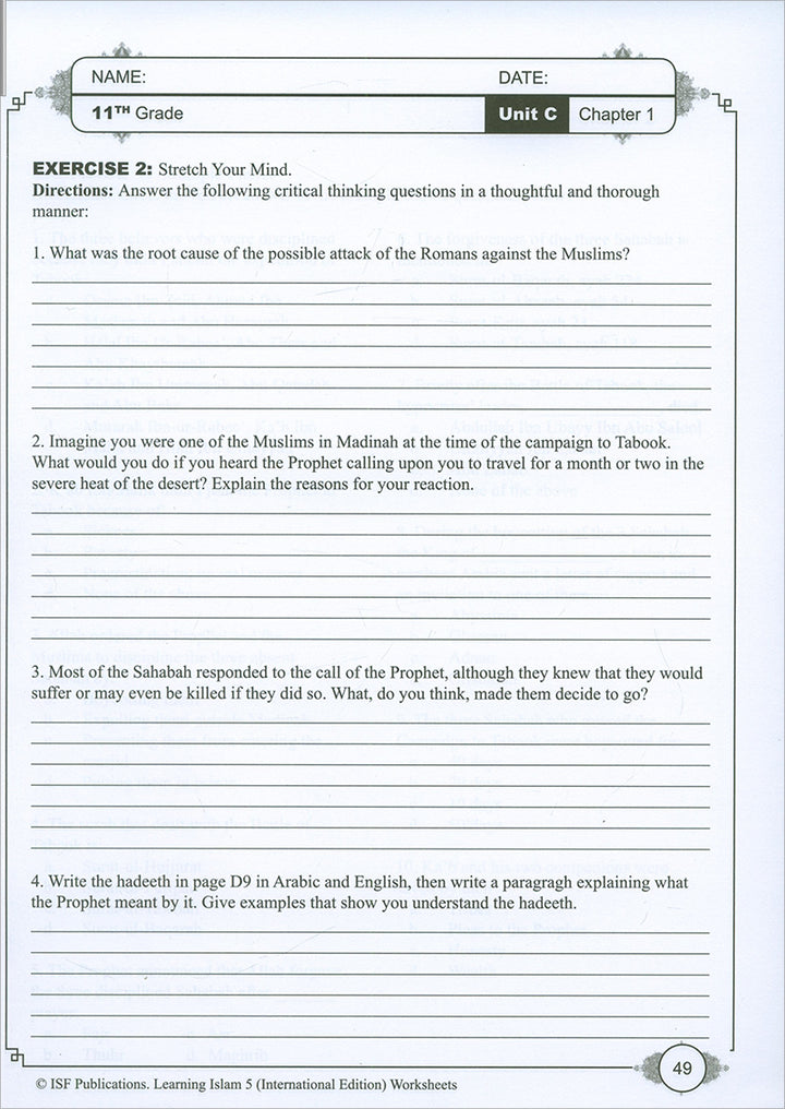 Learning Islam Workbook: Level 5 (11th Grade, Weekend/International Edition
