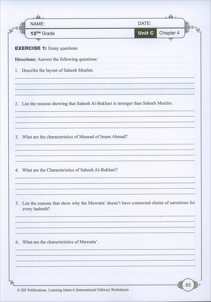 Learning Islam Workbook: Level 6 (12th Grade)  Weekend/International Edition