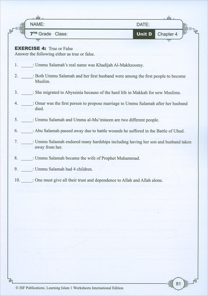 Learning Islam Workbook: Level 1 (7th Grade, Weekend/International Edition