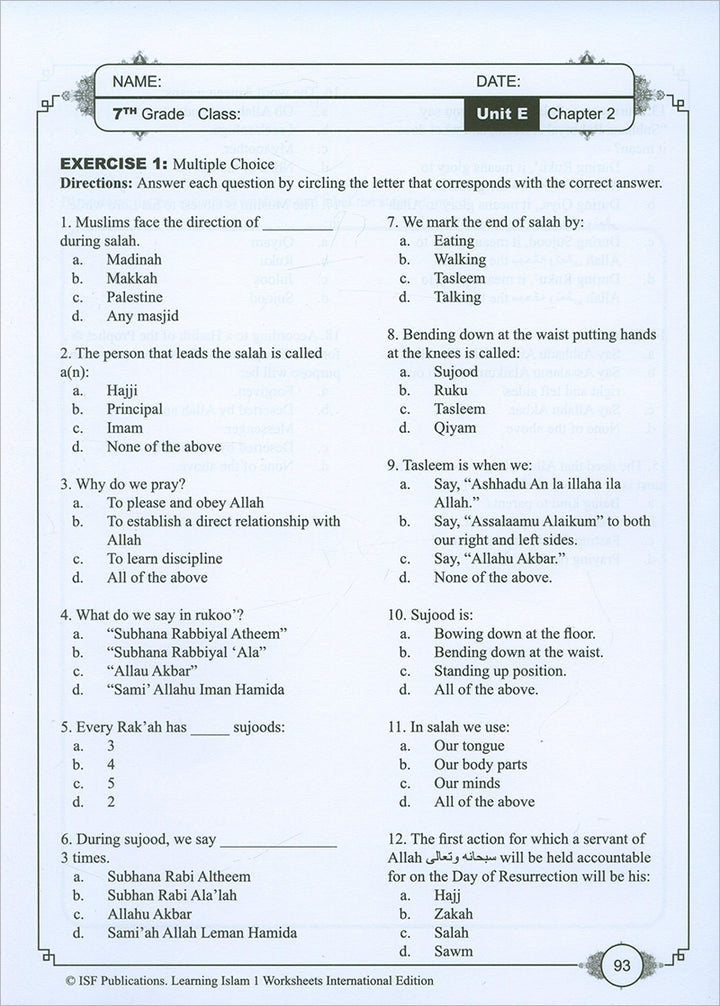 Learning Islam Workbook: Level 1 (7th Grade, Weekend/International Edition