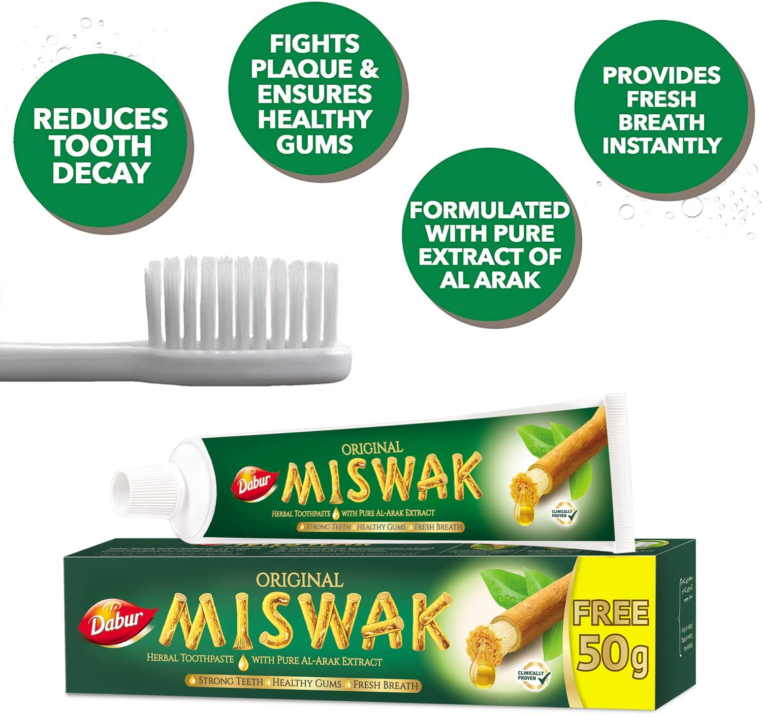 (Pack of 3) Dabur Miswak Sewak Meswak Siwak Natural Herbal Halal Islamic Toothpaste (Net Weight: 120g + 50g Free)