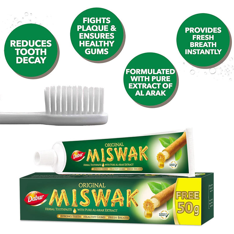 (Pack of 6) Dabur Miswak Sewak Meswak Siwak Natural Herbal Halal Islamic Toothpaste (Net Weight: 120g + 50g Free)