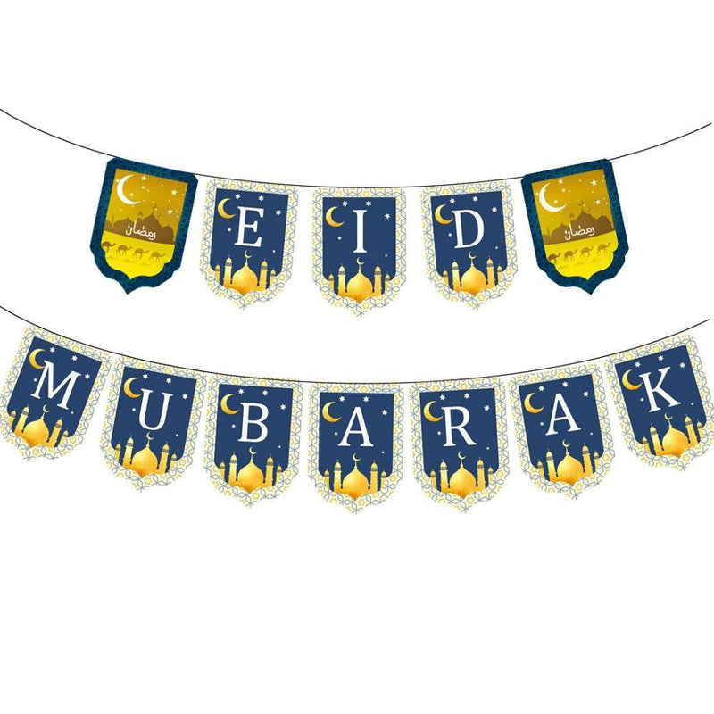 EID Mubarak Bunting - Blue & Gold Moon & Star Night Sky Letters Flags Decoration