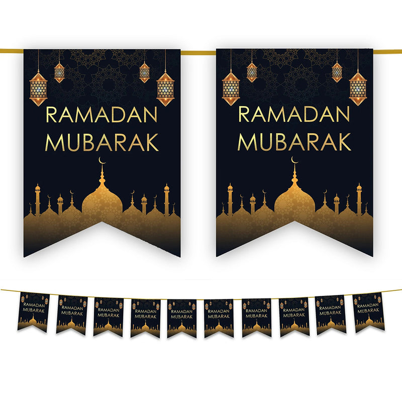 Ramadan Mubarak Bunting - Black & Gold Domes & Lanterns Flags Decoration