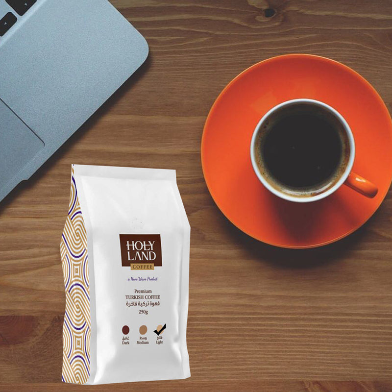 Holy Land Premium Turkish Ground Coffee, Light Roast with Cardamom, 100% Arabica Beans, Fresh & Finely Ground, 8.8 oz