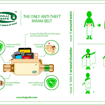 Hajj & Umrah Anti-Theft Waist Bag and Ihram Belt (Large)