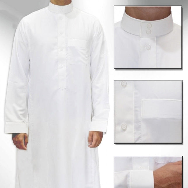 Traditional Saudi style men’s white thobe with long sleeves

