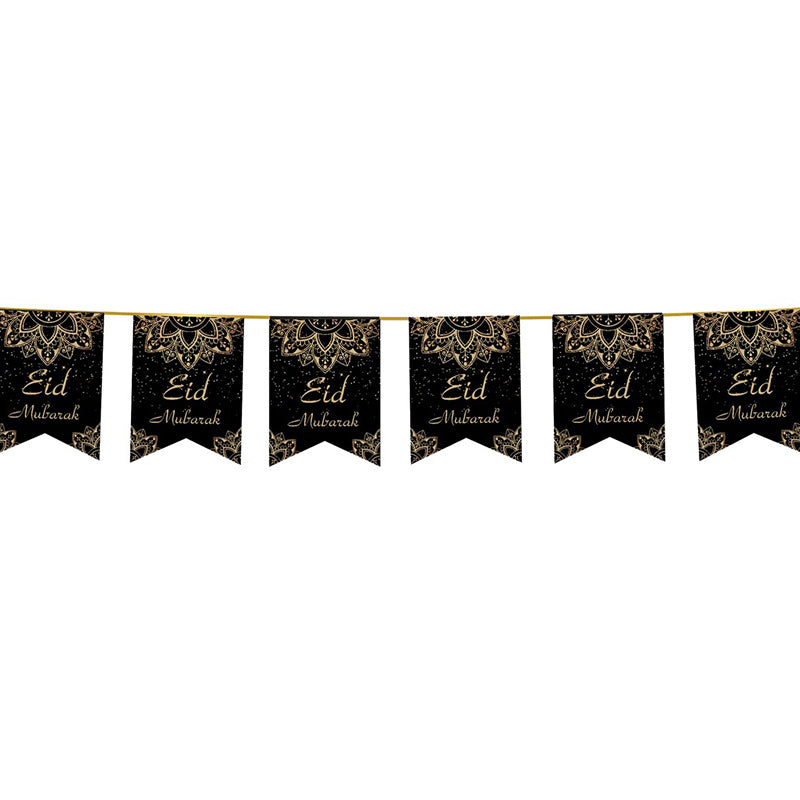 Eid Mubarak Bunting - Black & Gold Geometric Flags Decoration