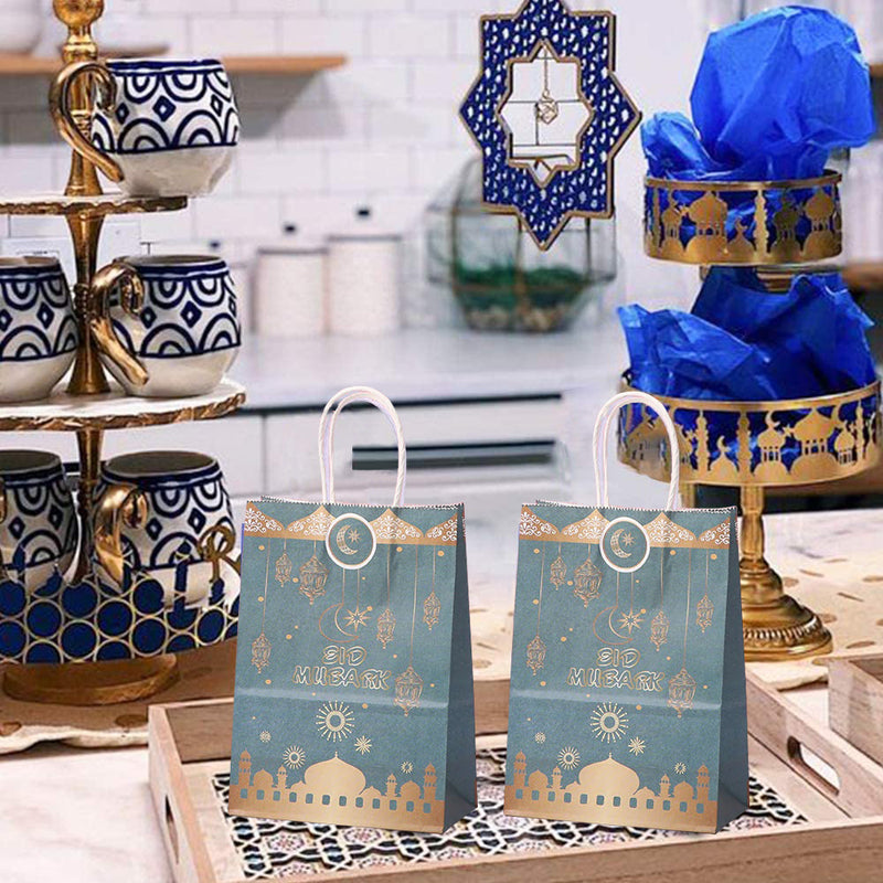 Eid Mubarak Kraft Paper Bag - Teal & Gold Hanging Lanterns Mosque