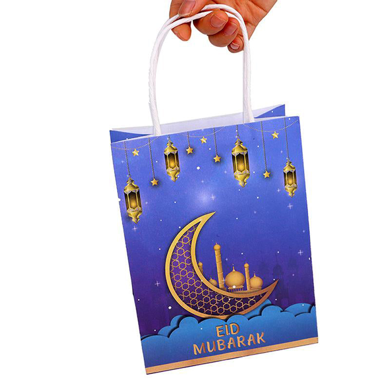 Eid Mubarak Kraft Paper Bag - Blue & Gold Hanging Lanterns Moon & Star