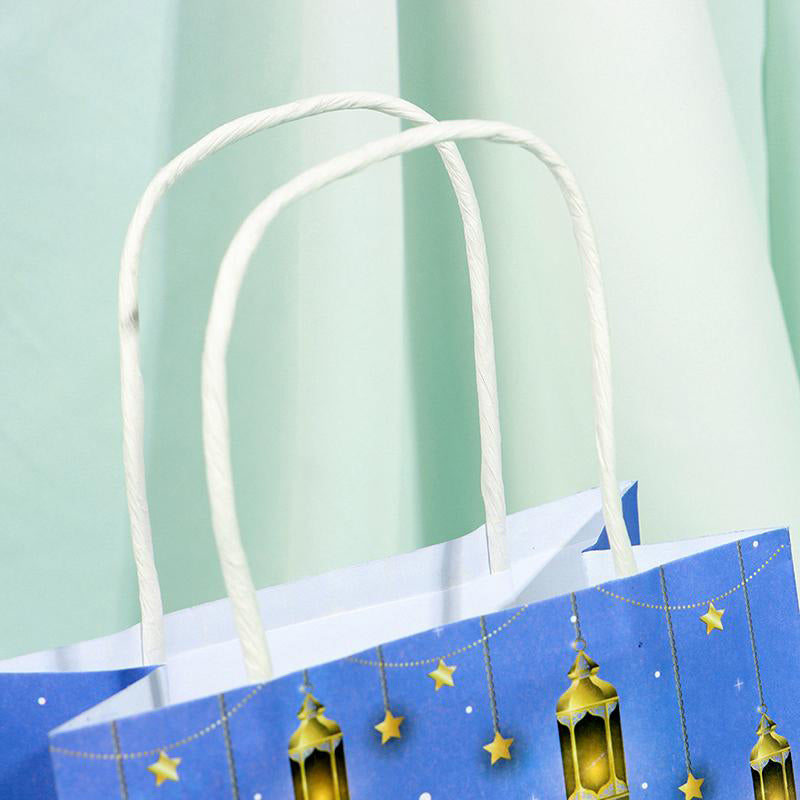 Eid Mubarak Kraft Paper Bag - Blue & Gold Hanging Lanterns Moon & Star