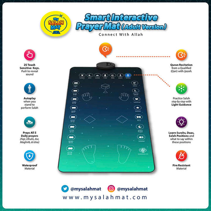 My Salah Mat for Adults - Smart Interactive Prayer Mat for Adults & Reverts Learning Surahs, Salah, Duas, & More - Muslim Prayer Rug with 25 Touch Keys, Padded Prayer Mat Layer, & Speaker for Ages 8+